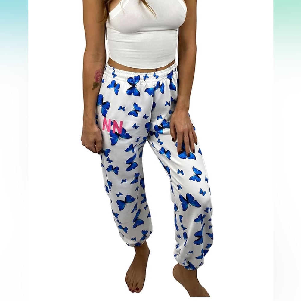 SZ M sz 4 6 NWOT NEVA NUDE SWEATS PANTS BLUE BUTTERFLYS